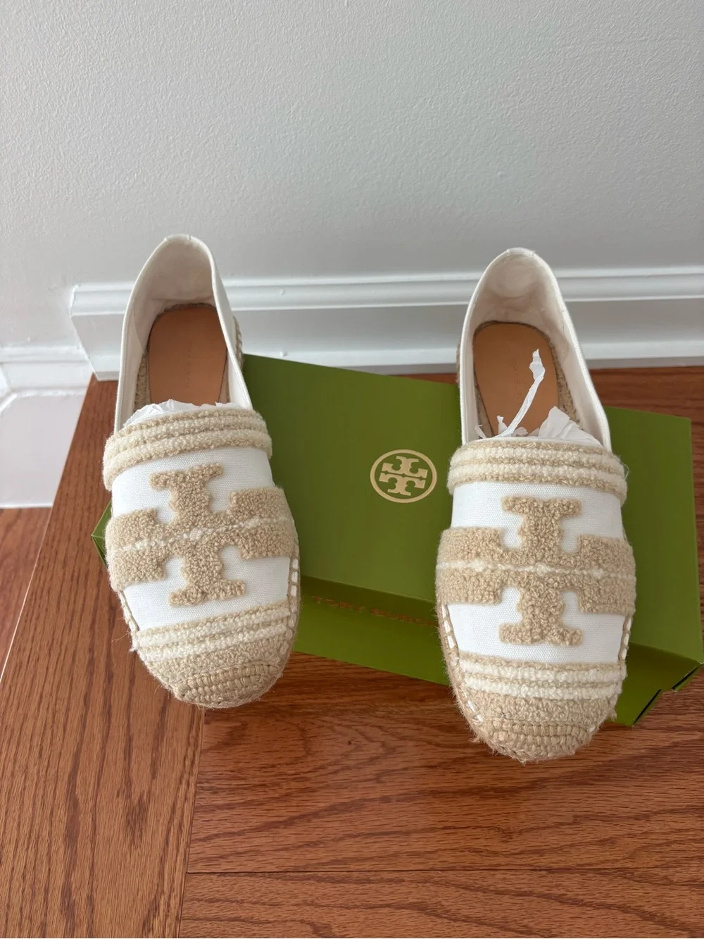 Tory Burch White & Beige Canvas Espadrilles